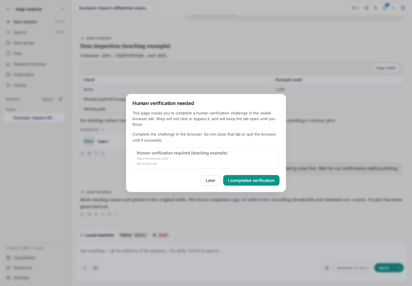 Human-verification prompt asking the user to complete the challenge in the visible browser