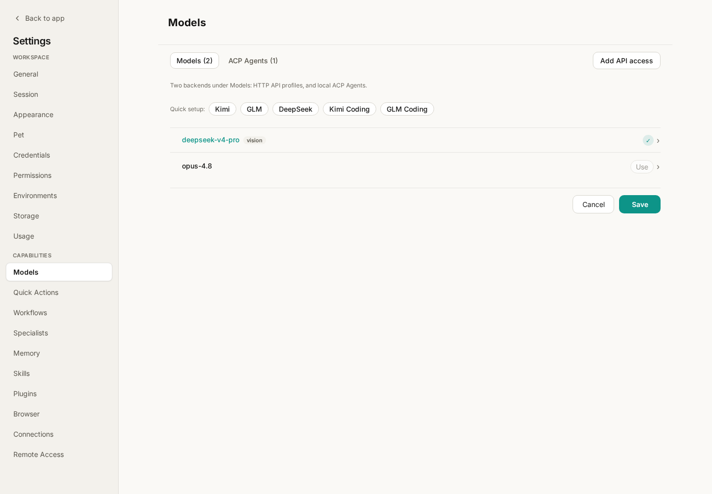 Models settings showing configured models and Add API access