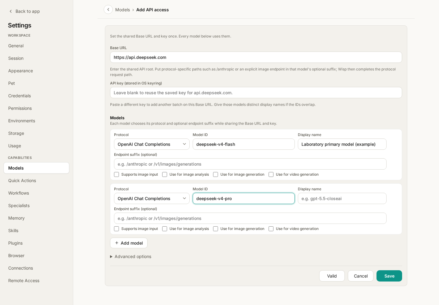 API access form with shared URL and key above individual model settings