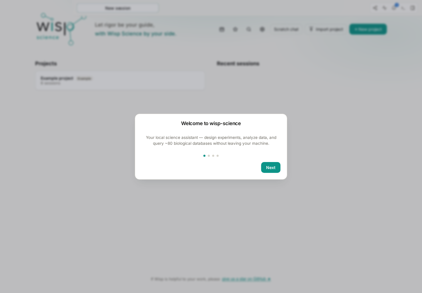 Welcome page of the onboarding guide, with the Next button at the bottom