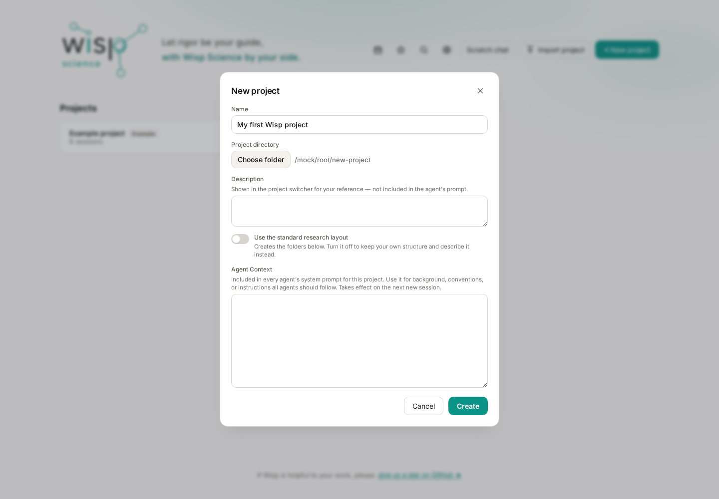 The New project form with a project name and local folder