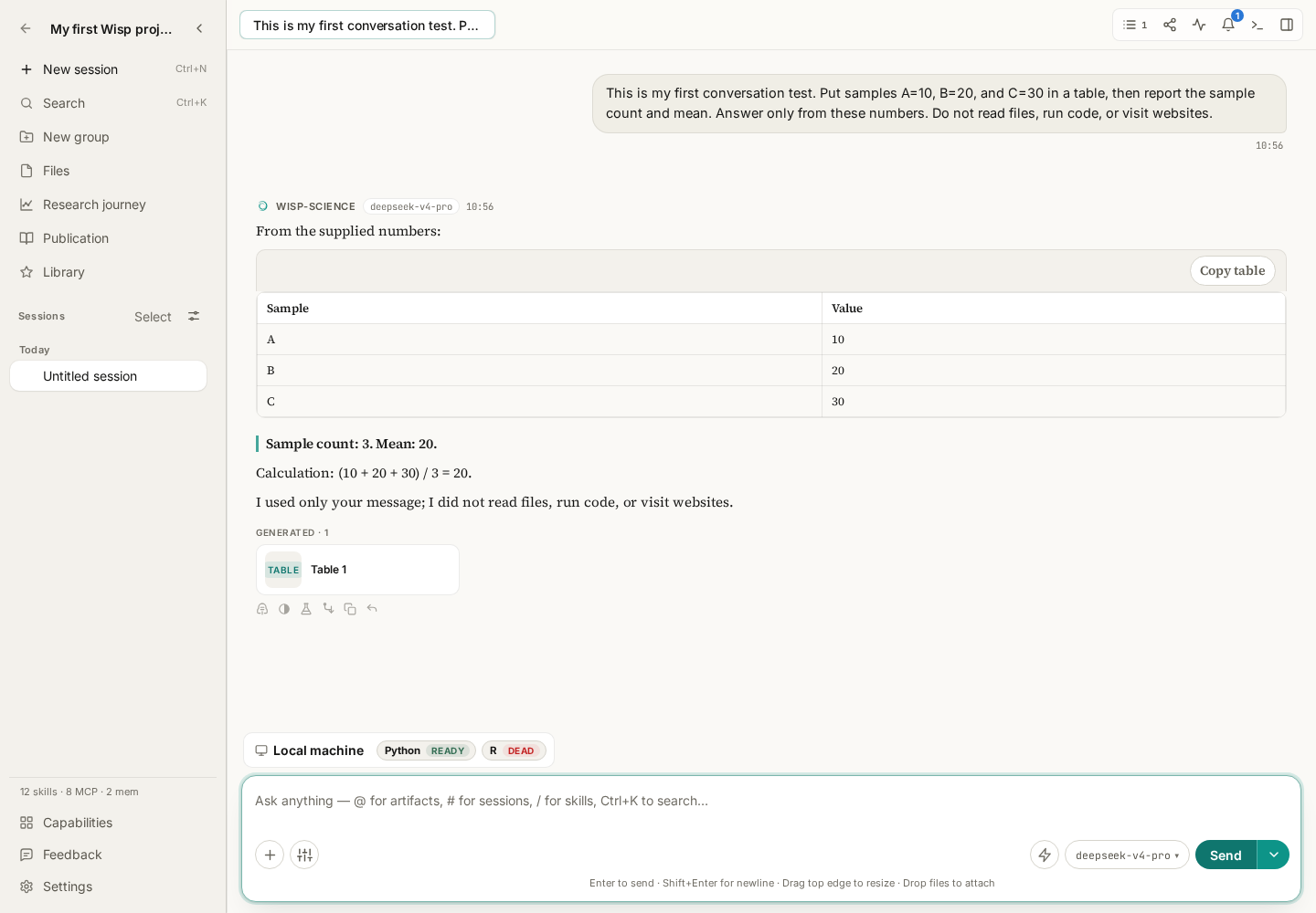 A teaching example of the first conversation, showing the sample table, count, and mean