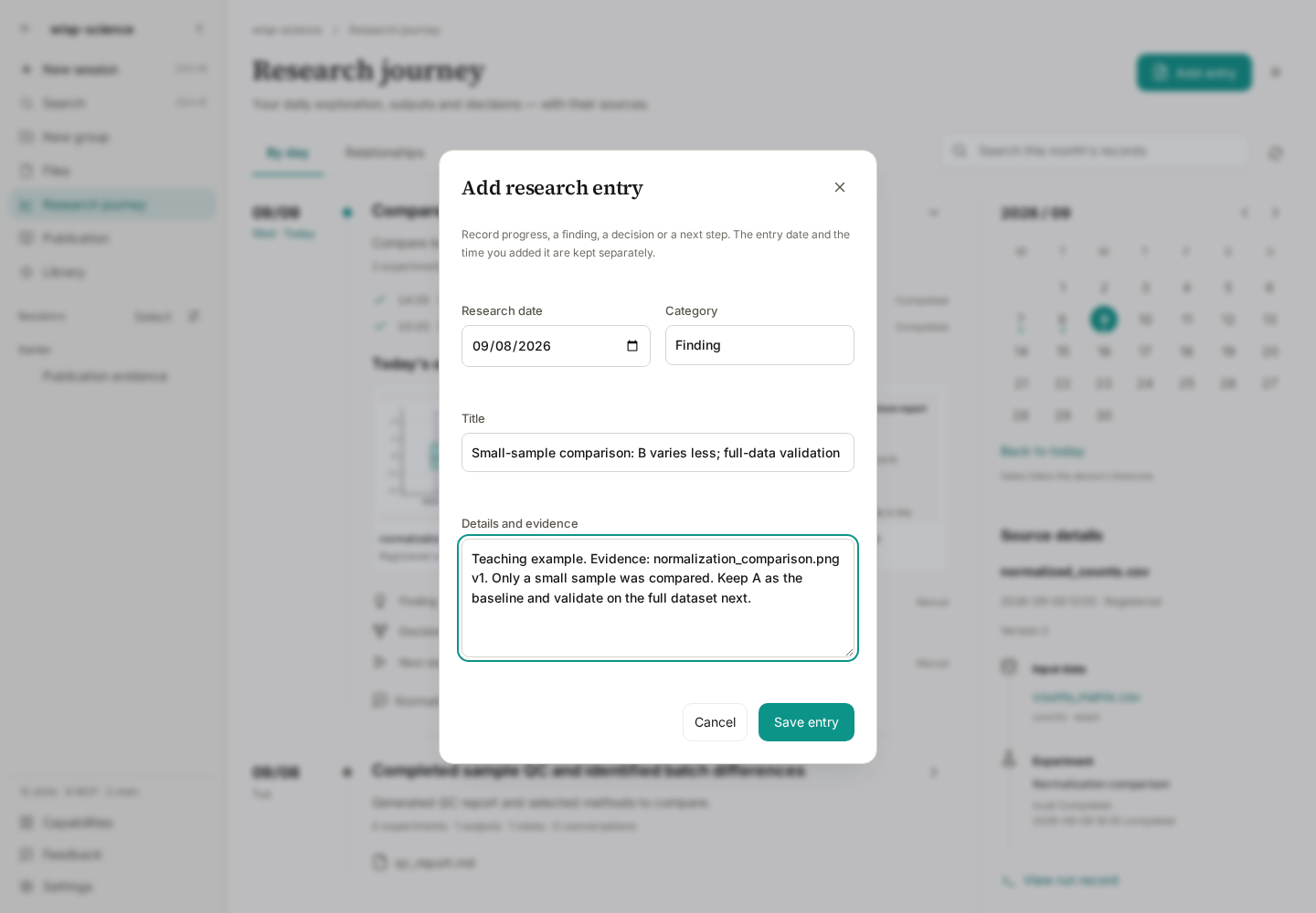 Adding a research entry with a finding, evidence, and pending validation