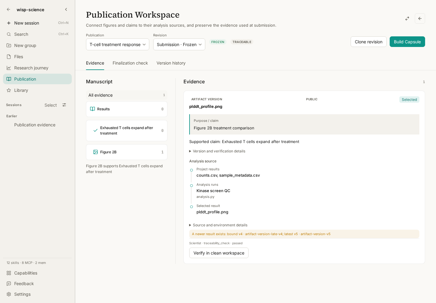 Publication workspace: selected results and sources organized around manuscript items