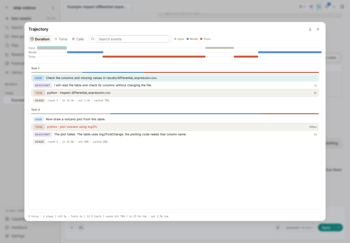 Trajectory overview with the timeline and events grouped by turn