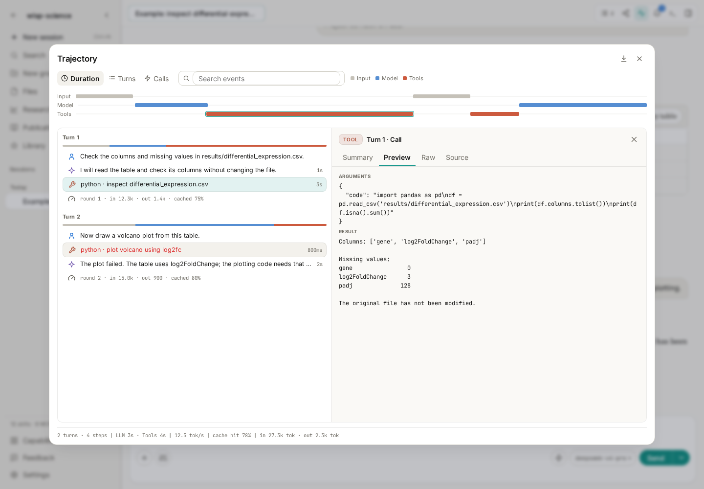 Tool preview showing the file-reading code, column names, and missing-value counts