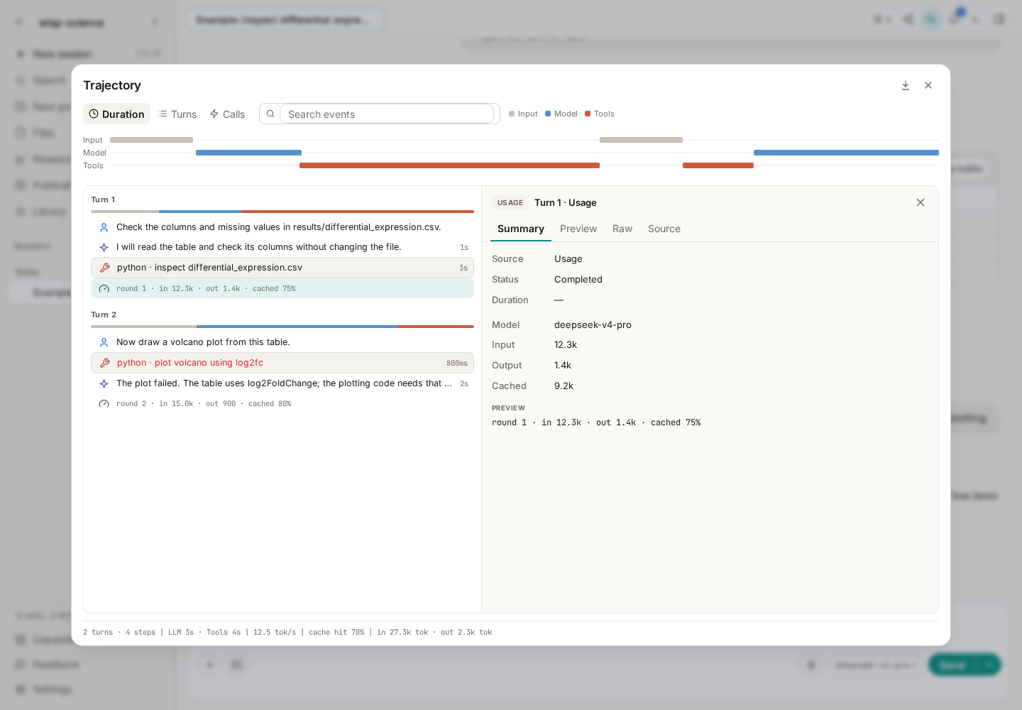Usage event showing the model, input/output tokens, and caching information