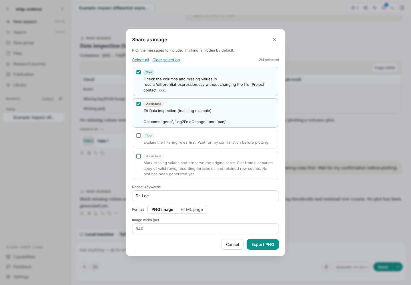 Sharing dialog with selected messages, redaction keywords, and PNG or HTML options