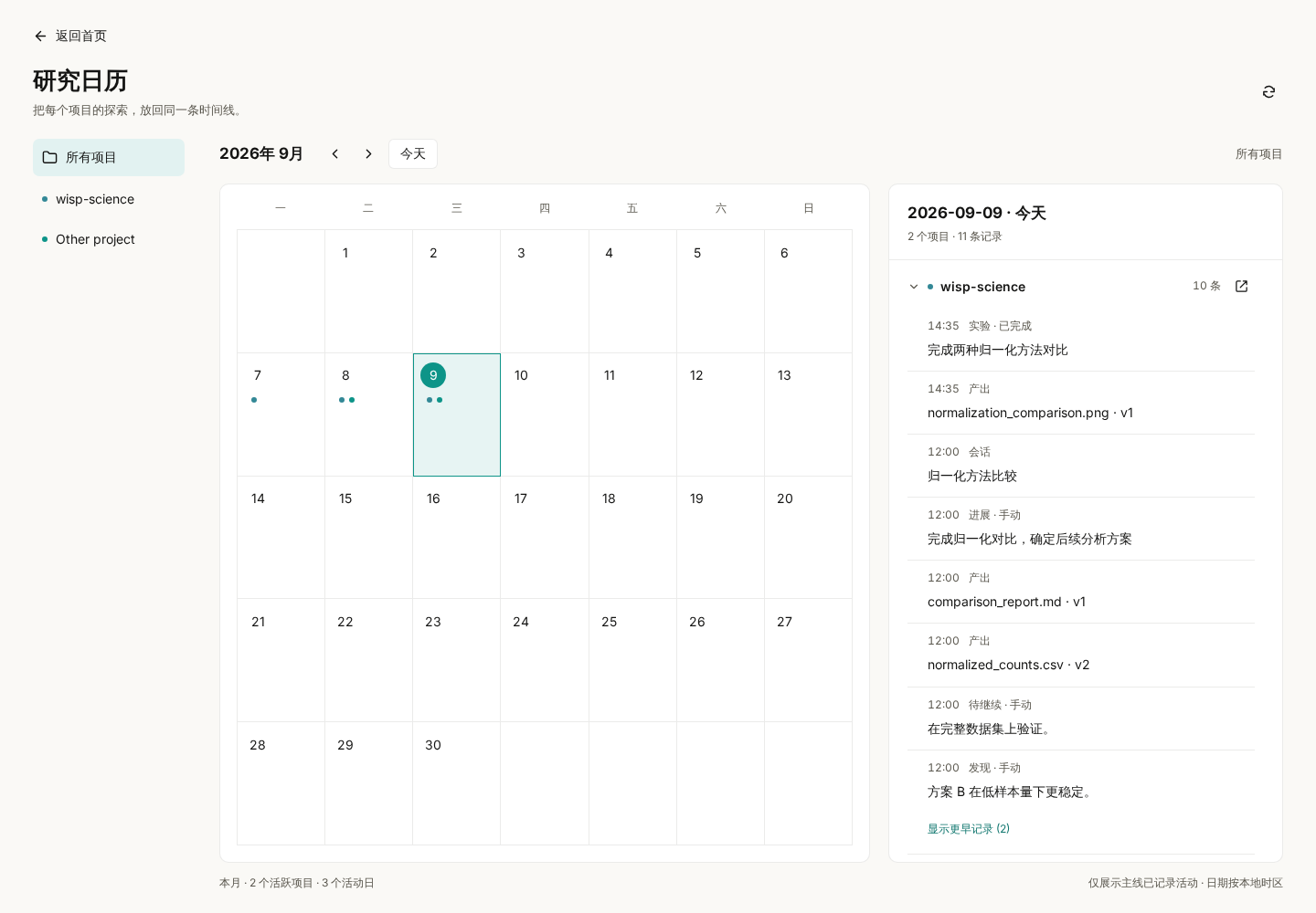 首页研究日历:按日期查看多个项目的活动